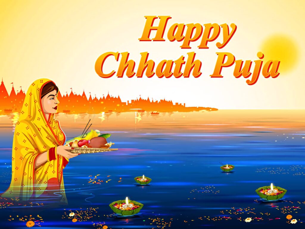 Woman in traditional attire praying by river at Chhath Puja sunrise with diyas and offerings Wallpaper