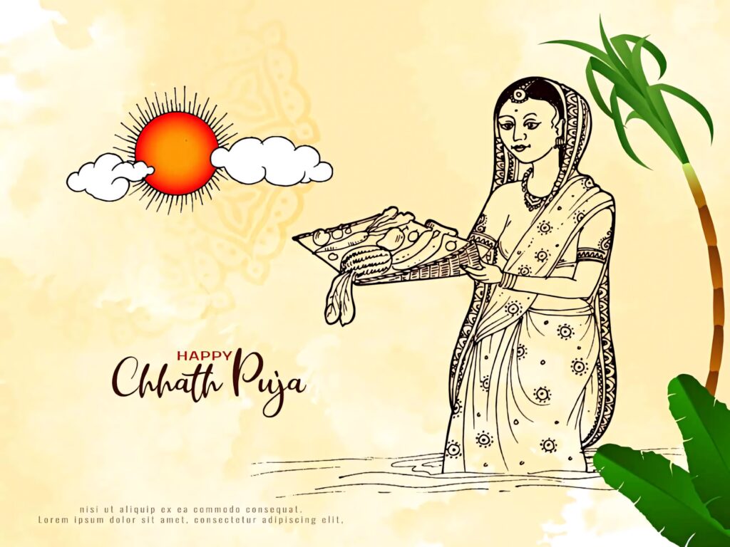Traditional Chhath Puja illustration woman in saree offering rituals to Sun with festive elements Wallpaper