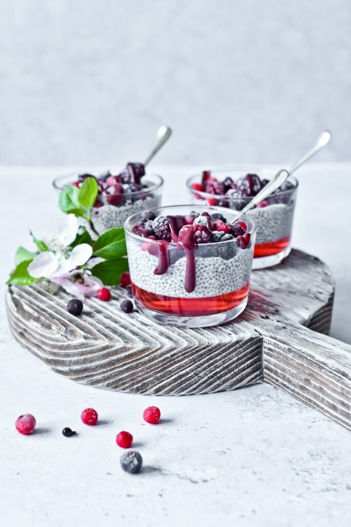 Chia Pudding Dessert Wallpaper with Berry Sauce & Fresh Berries