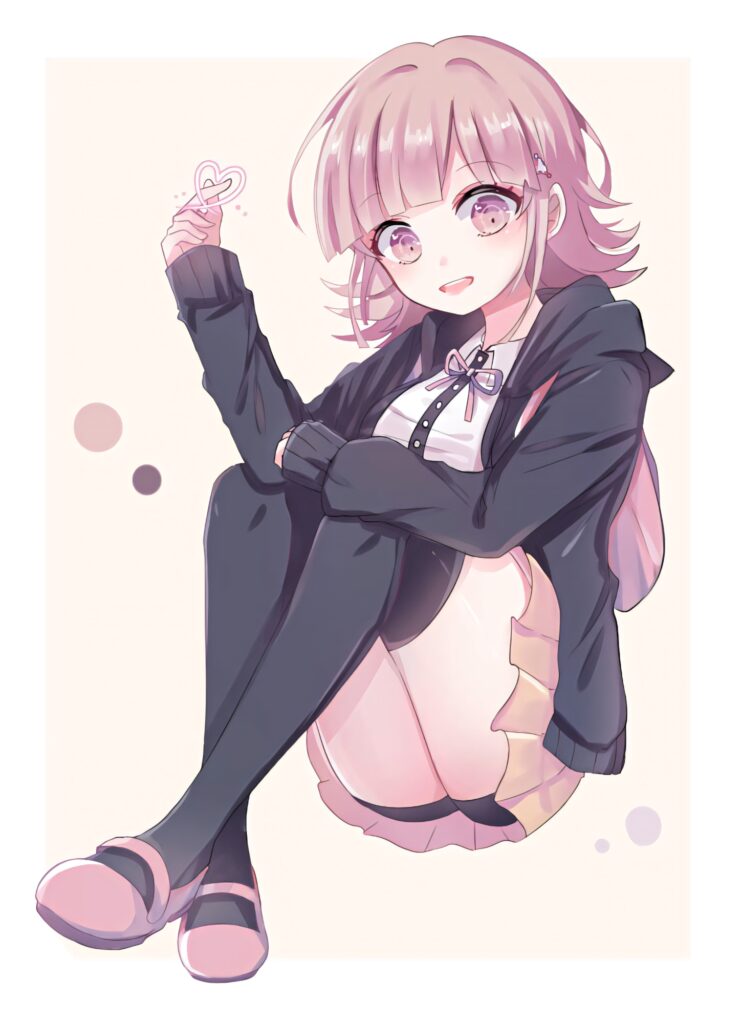 Chiaki Nanami anime character in pastel colors holding heart sitting cozy with gentle smile wallpaper