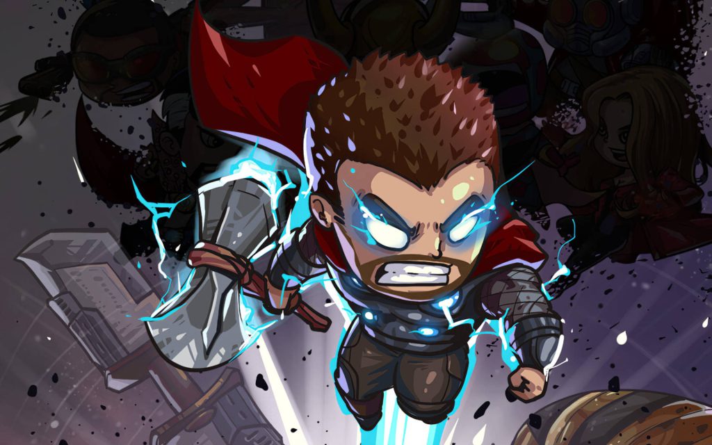 Chibi Marvel Thor animated wallpaper with glowing eyes and blue lightning Stormbreaker axe