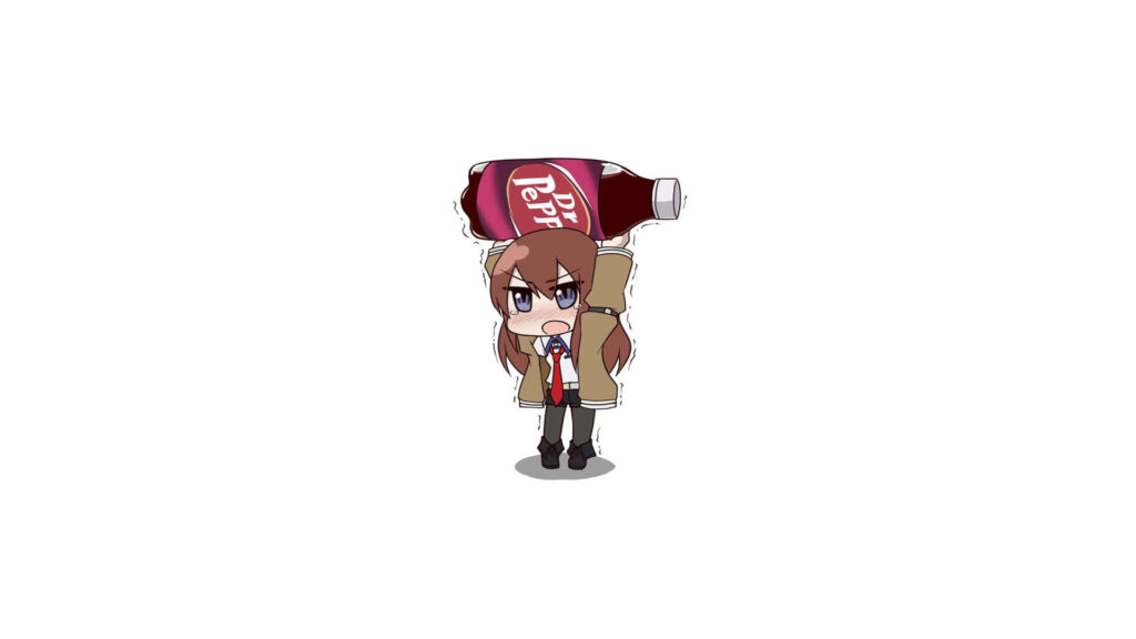 Chibi anime character balancing large Dr Pepper bottle on head minimalist white wallpaper background