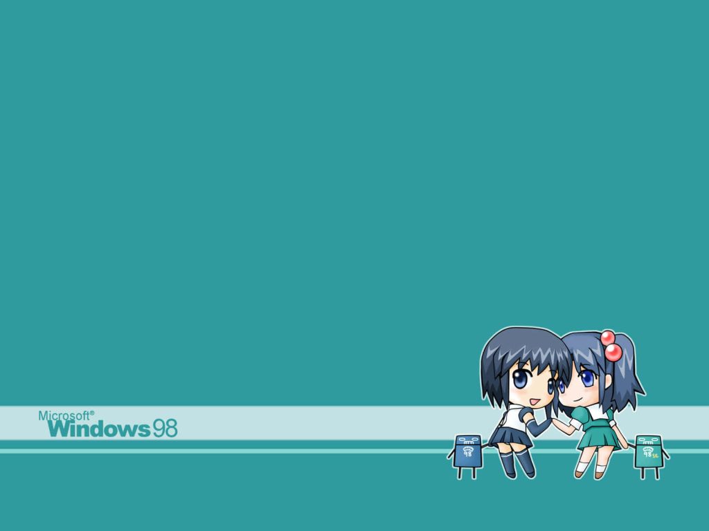 Chibi anime wallpaper with Windows 98 and 98 SE OS-tan girls and robots on teal background