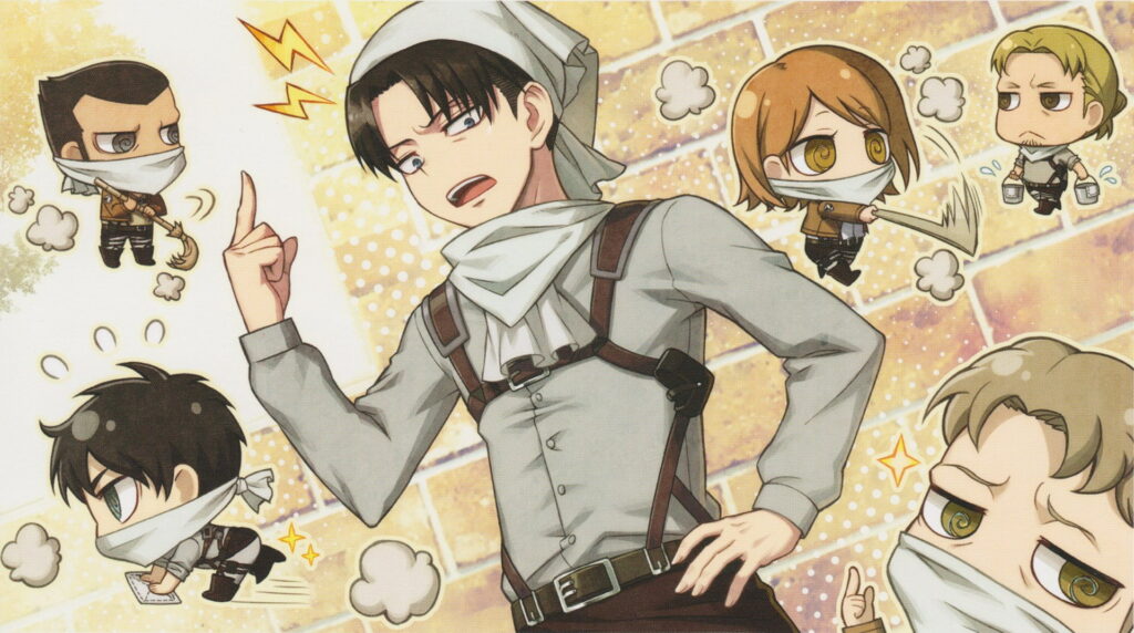 Levi Ackerman chibi Attack on Titan wallpaper cleaning gear yellow brick background digital art