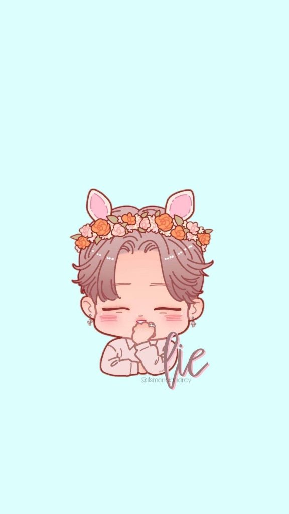 Chibi BTS member with cat ears and flower crown on soft mint background K-pop wallpaper