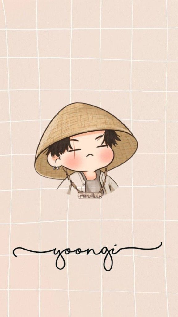 Chibi BTS Suga Min Yoongi in straw hat soft beige grid background minimalist wallpaper