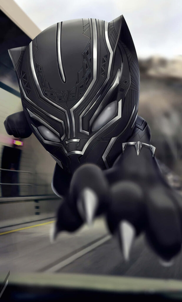 Chibi Black Panther leaping with sharp claws in urban background dynamic playful wallpaper