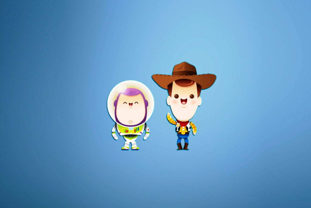 Adorable Chibi Buzz Lightyear & Woody Wallpaper on Blue Background