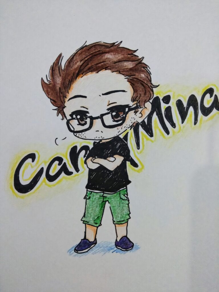 Chibi CarryMinati wallpaper with spiky hair glasses confident pose green shorts and bold text