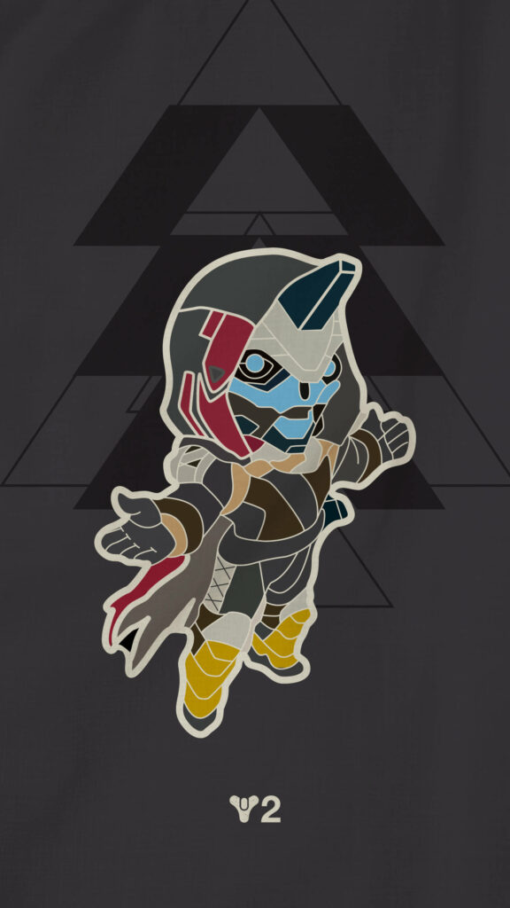 Chibi Cayde-6 Destiny 2 wallpaper with dark geometric background and muted blue red gold tones