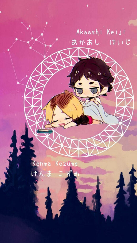 Whimsical Forest Delight: Kenma and Akaashi Chibi Setters Explore a Dreamy Pink Sky Wallpaper