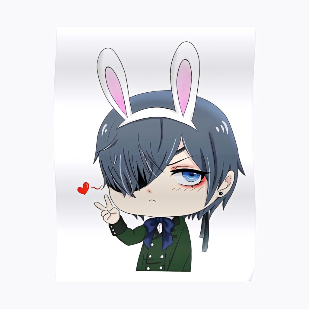 Chibi Ciel Phantomhive in green outfit with bunny ears peace sign and red heart wallpaper