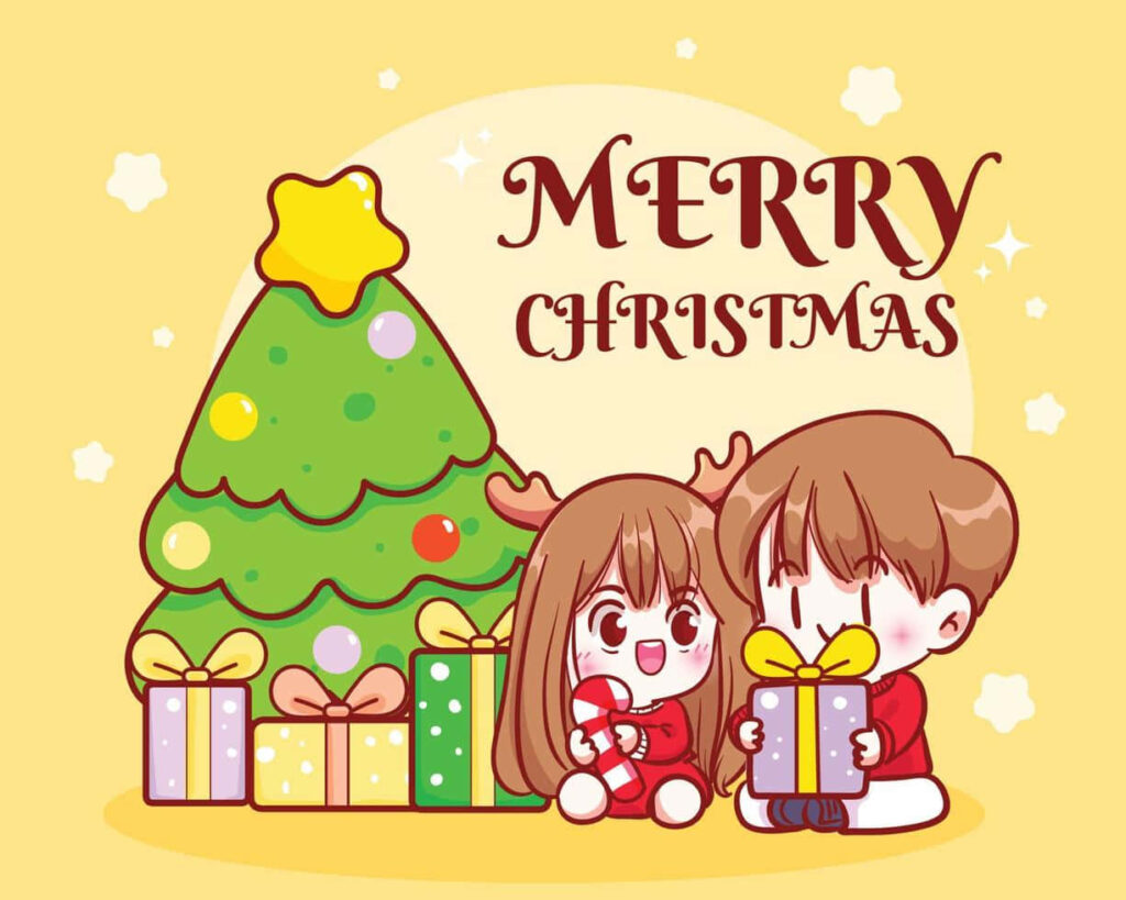 Chibi Christmas Couple Wallpaper: Festive Joy & Gift Exchange