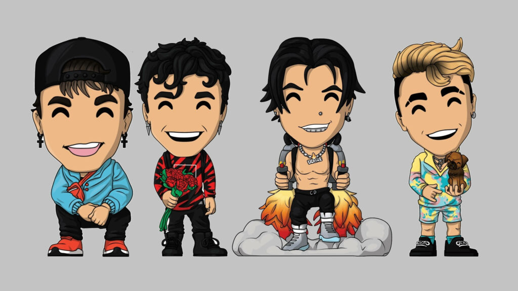 Chibi-style Dobre Brothers wallpaper with colorful outfits and playful poses on grey background