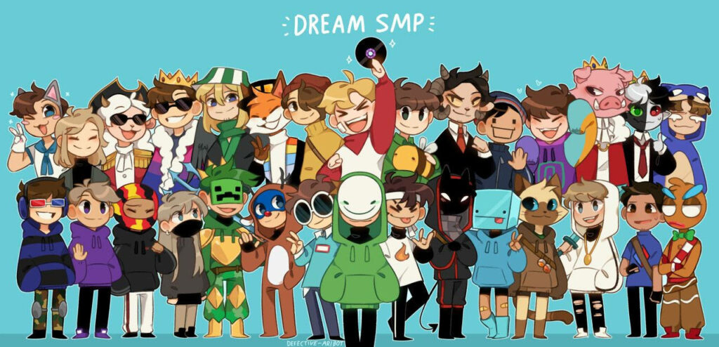 Dream SMP Dreamscape: Chibi Minecraft Wallpaper Featuring the Full Team on Teal