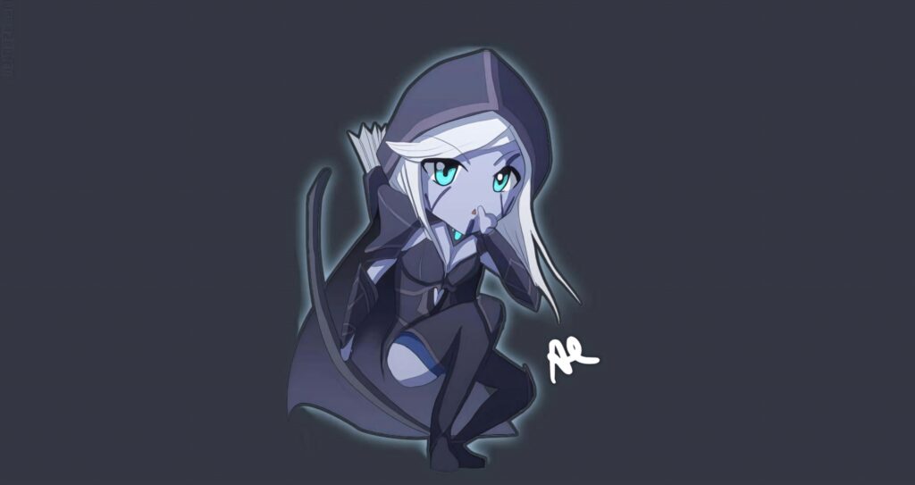 Chibi Drow Ranger wallpaper with cloak and bow in blue gray tones dark minimalist background