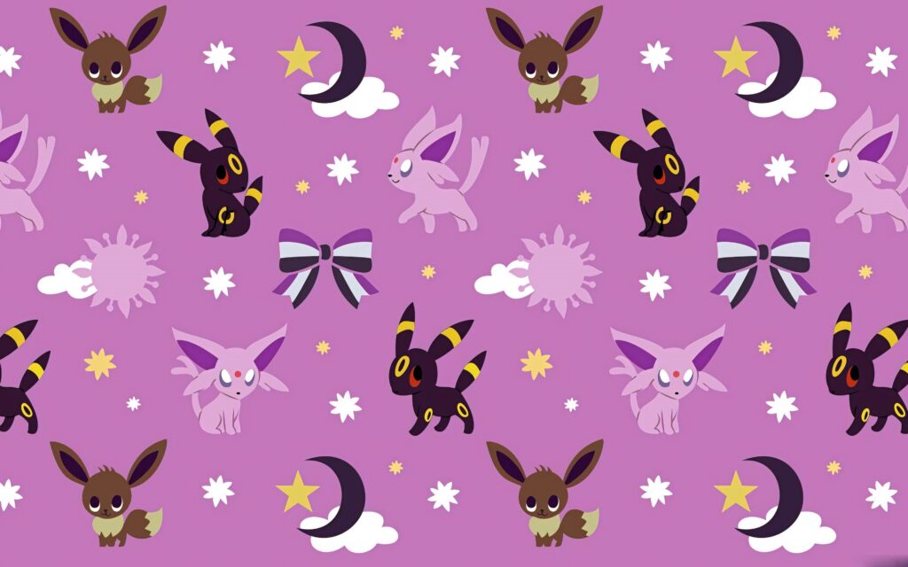 Seamless pastel purple wallpaper with chibi Espeon Umbreon Eevee stars moons clouds bows design
