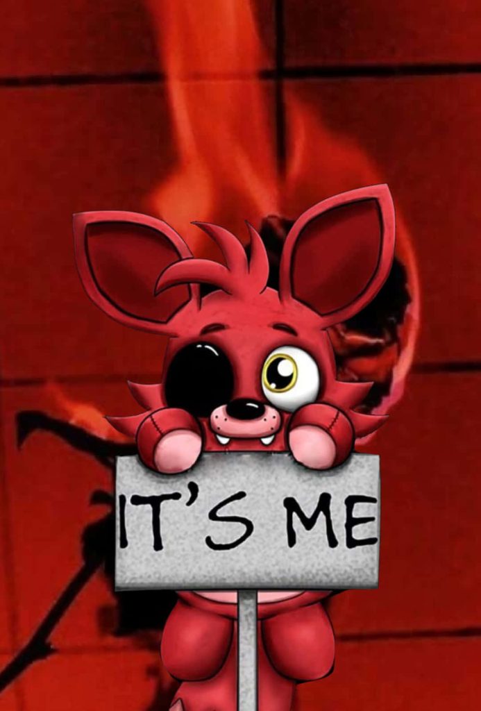 Chibi Foxy the Pirate FNaF with eyepatch holding ITS ME sign on eerie red brick background Wallpaper