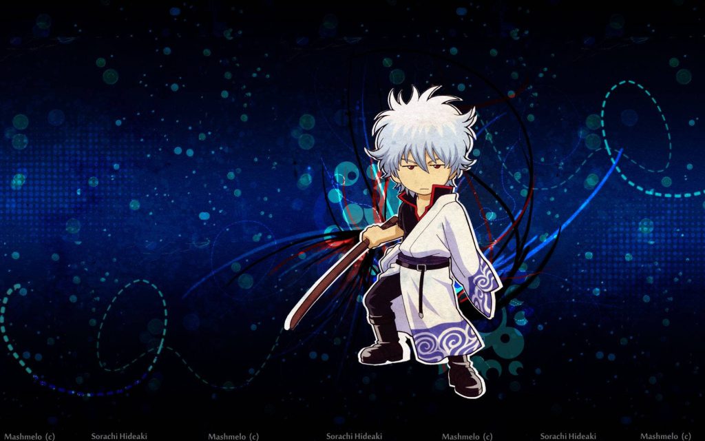 Chibi Gintoki Sakata with katana on deep blue glowing bokeh background Gintama wallpaper