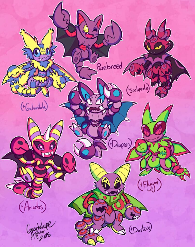 Chibi Gligar and Drapion Pokémon hybrids with Galvantula Scolipede Ariados Flygon Dustox on pink background Wallpaper