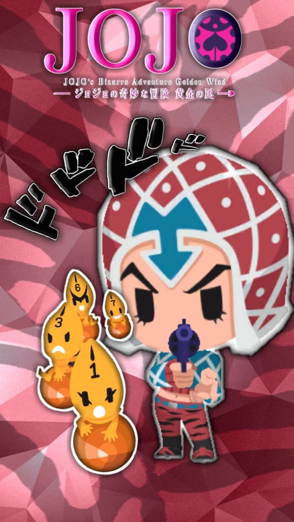 Chibi Guido Mista with Sex Pistols Stands on vibrant red geometric JoJo Golden Wind wallpaper