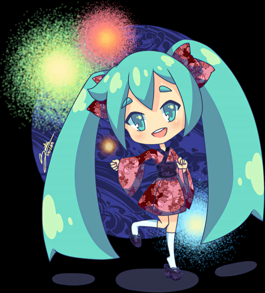 Chibi Hatsune Miku in Kimono - Playful Wallpaper Background