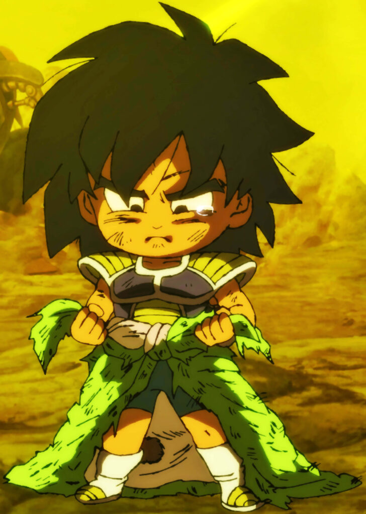 Chibi young Legendary Super Saiyan Broly in yellow battlefield gripping green pelt intense pose Wallpaper