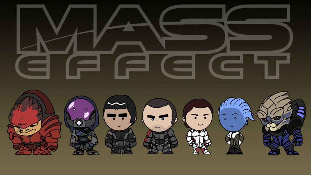 Cute chibi Mass Effect squad fan art wallpaper featuring Shepard Tali Garrus Liara and more