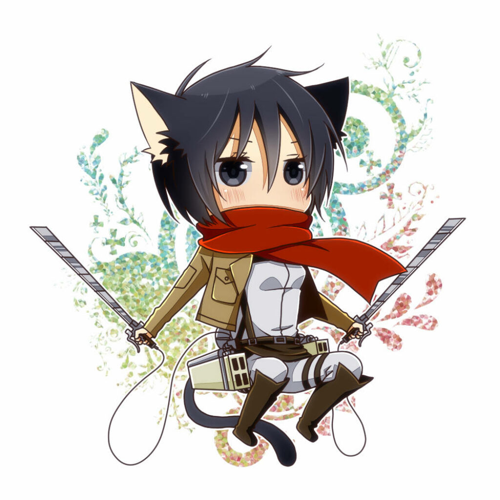 Chibi Mikasa Ackerman Wallpaper: Cute Cat Ears & Swords Design