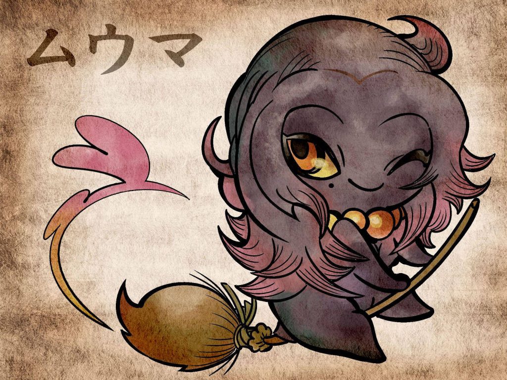 Chibi Misdreavus winking on broomstick with Japanese name on parchment background wallpaper