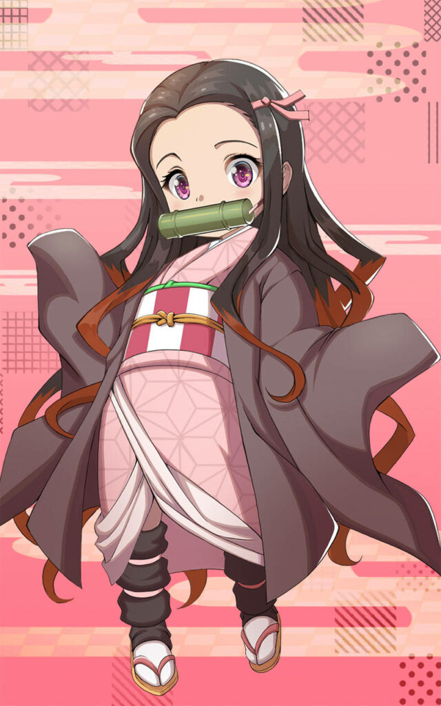 Chibi Nezuko: Captivating Phone Art with Pink Background Bliss Wallpaper