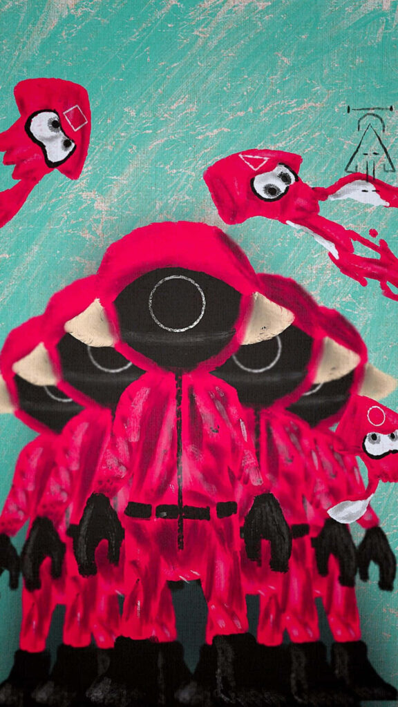 Anime Mashup: Squid Game Chibi Guard Squad Joins Forces with Splatoon Squids in Vibrant PFP Wallpaper