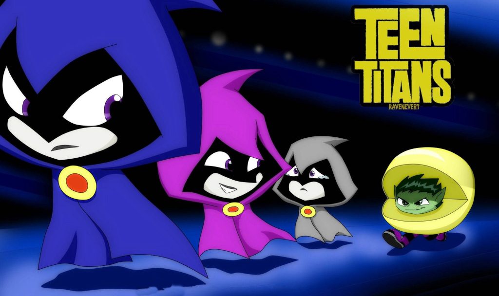 Chibi Teen Titans Raven in blue pink grey cloaks with playful Beast Boy in yellow shell wallpaper