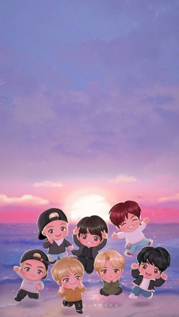 TinyTAN BTS chibi cartoon wallpaper all seven members at beach sunset vibrant purple orange sky