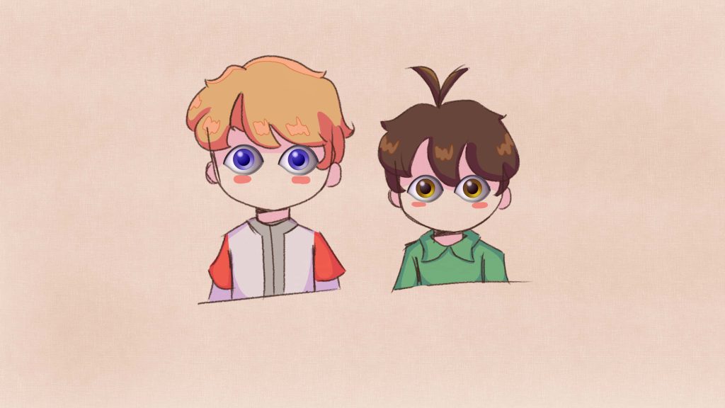 Chibi digital fan art of TommyInnit and friend on soft textured peach background wallpaper