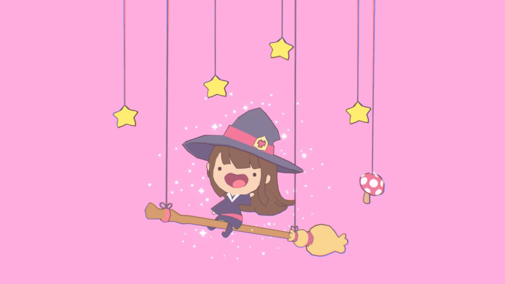 Chibi Witch Academia Wallpaper: Cute Broomstick & Starry Background