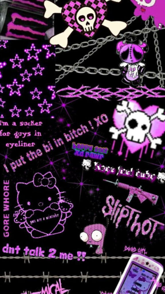 Chic Black & Purple Hello Kitty Wallpaper: Punk Aesthetic Collage
