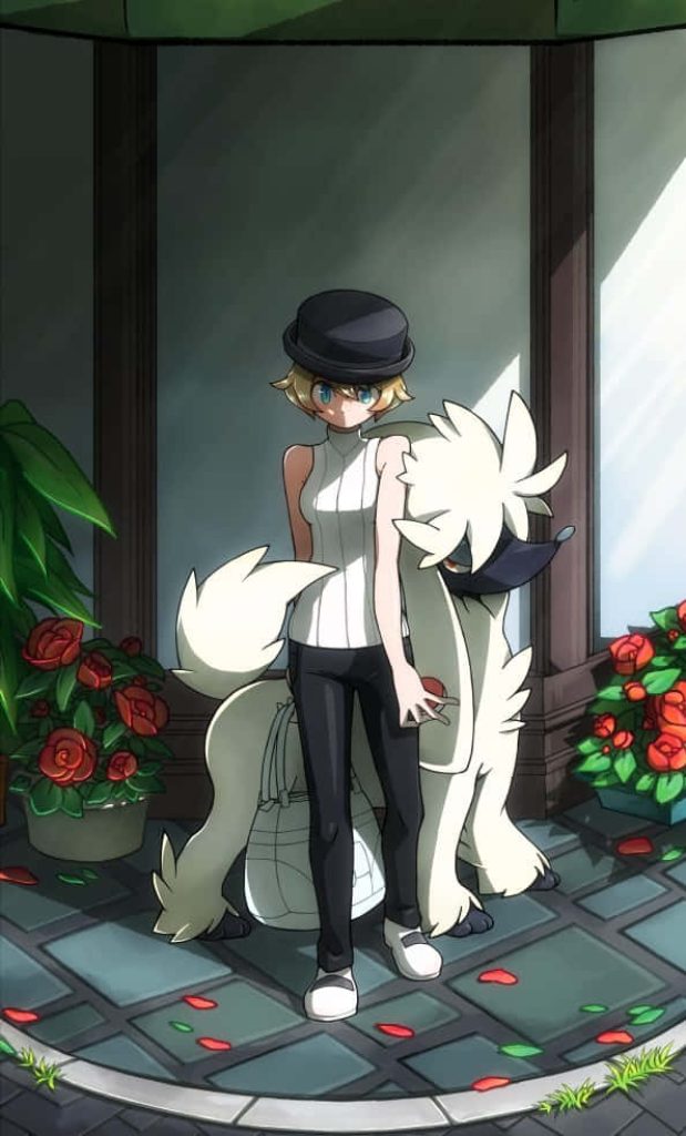 Elegant anime Pokémon trainer in bowler hat with groomed Furfrou and red roses background Wallpaper