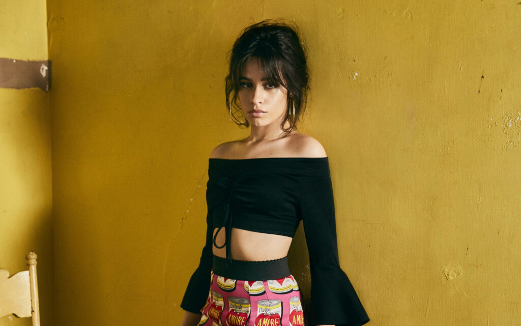 Chic Camila Cabello Wallpaper: Off-Shoulder Top & Vibrant Pants