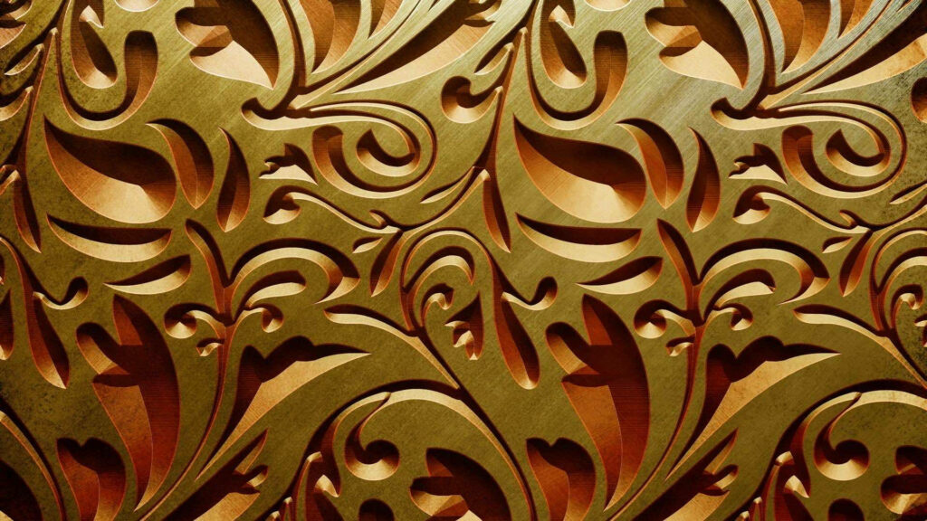 Golden wallpaper with intricate 3D relief scrollwork and rich metallic texture background