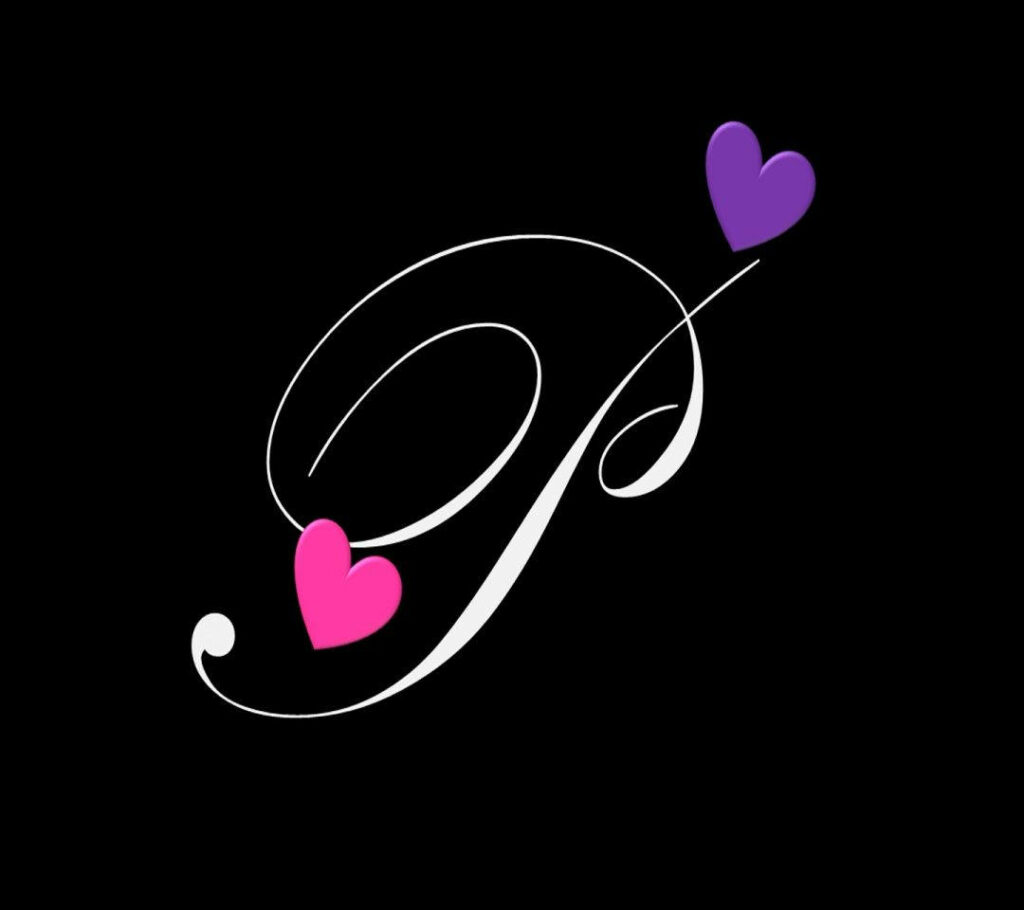 Chic Cursive P Wallpaper: Stylish Black with Pink & Purple Hearts