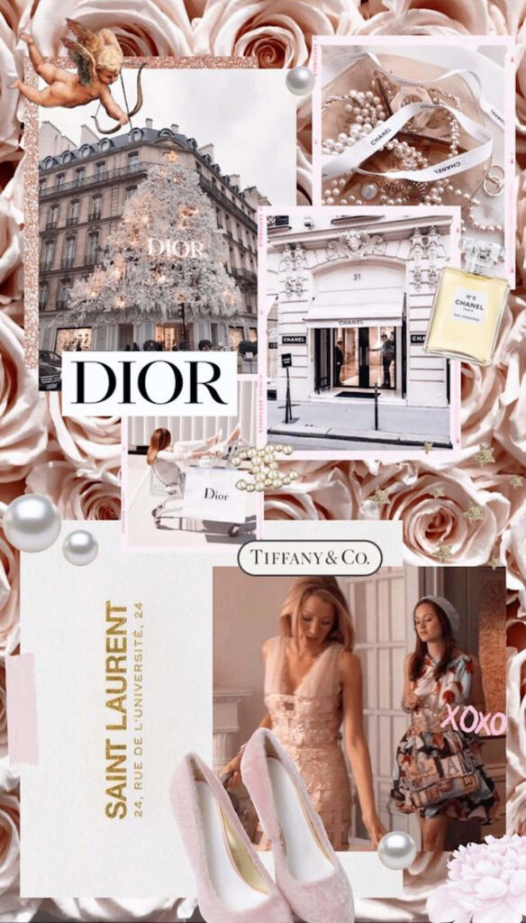 Chic Dior wallpaper with pink roses luxury shoes Paris fashion pearls and elegant design background