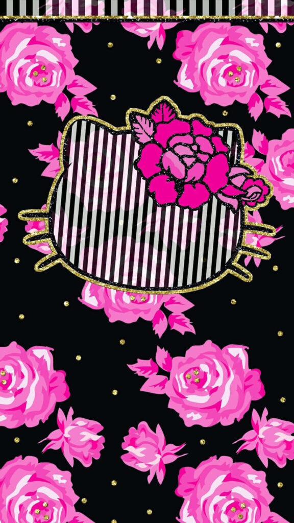 Chic Black Wallpaper with Vibrant Pink Roses & Hello Kitty Design