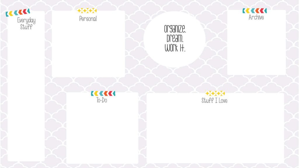 Chic digital desktop organizer wallpaper with lavender scallops and labeled file sections for productivity
