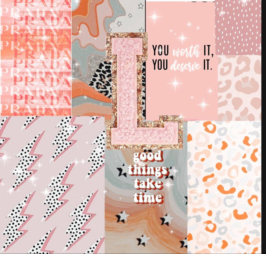 Chic Letter L wallpaper with Prada prints lightning bolts leopard spots dusty pink gold style