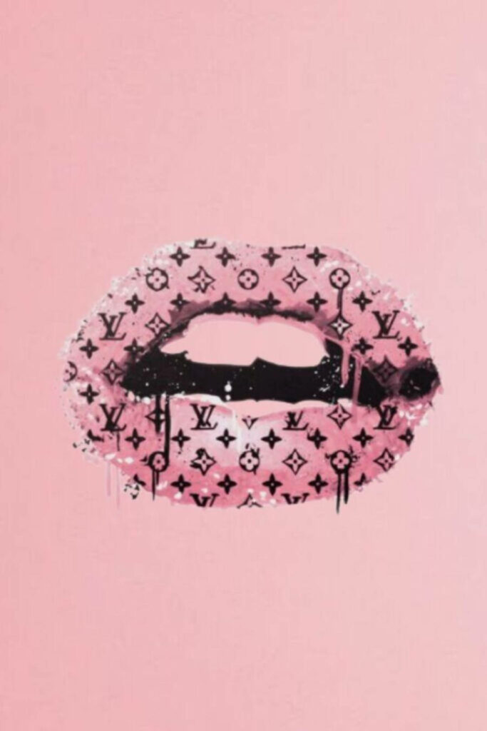 Bold pink lips with Louis Vuitton monogram on soft pink background chic fashion wallpaper