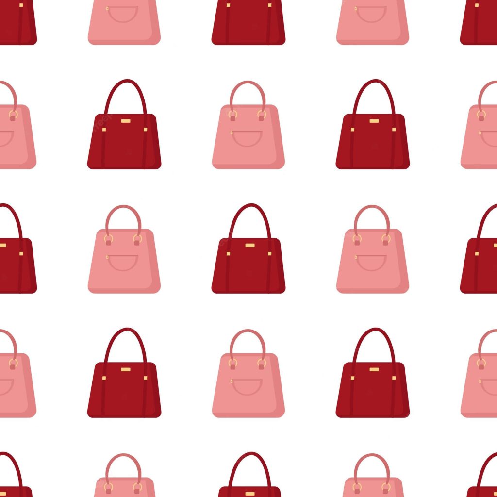 Seamless stylish pink and deep red handbag pattern minimalist wallpaper on white background