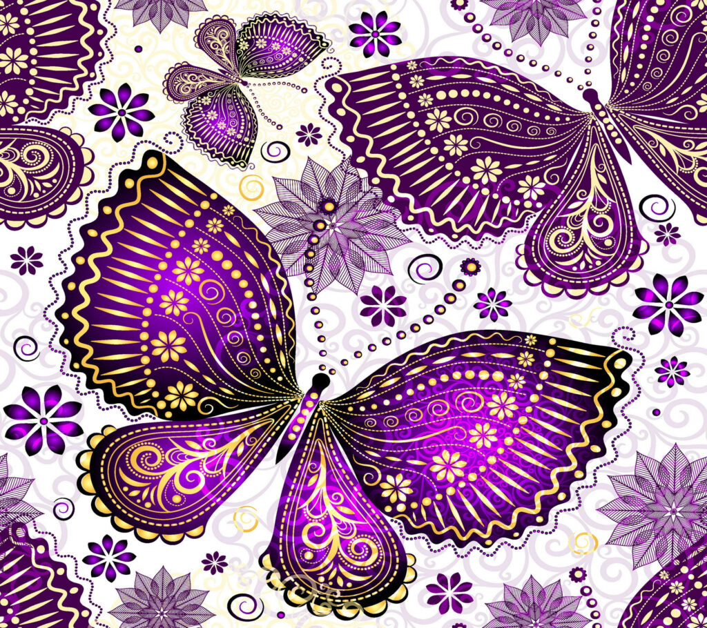 Chic Purple Butterfly Wallpaper with Floral Patterns & Gold Accents