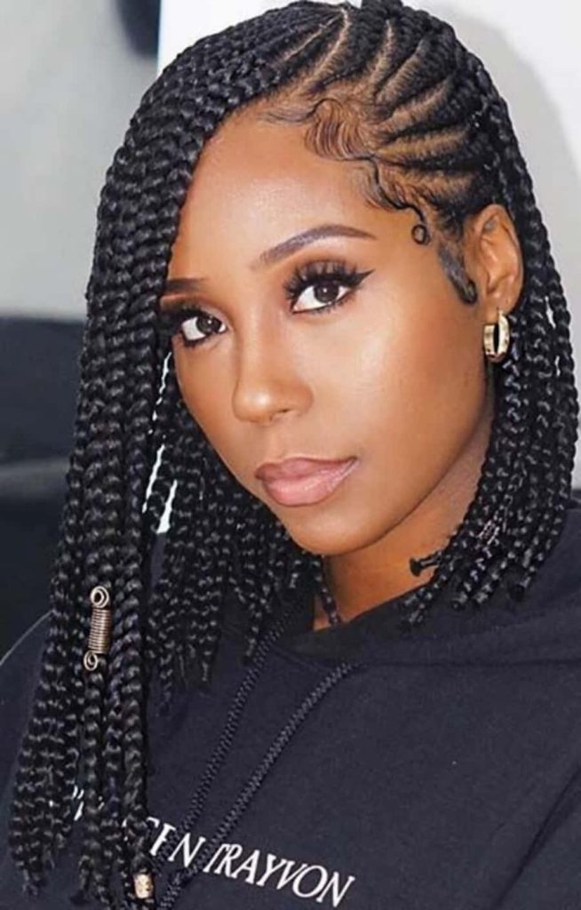 Chic side-parted braided bob with sleek edges and gold bead modern protective hairstyle wallpaper