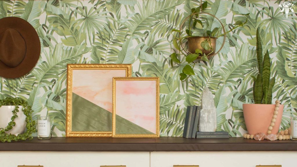 Chic Zoom background with palm leaf wallpaper gold abstract art snake plant and Romeo books